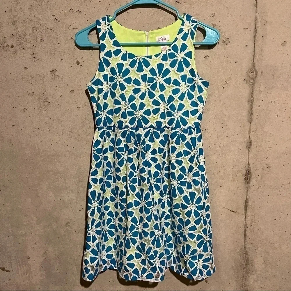 Justice Girls Dress Size 12 Lace Blue Lined Neon Green Floral Summer Party